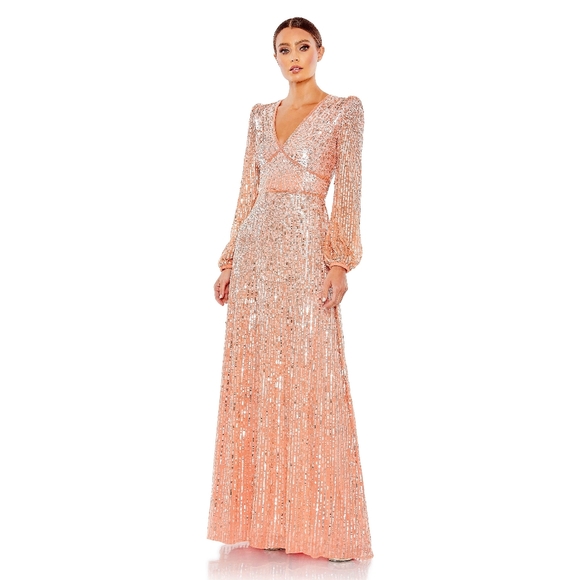 NWOT Sz 20 Mac Duggal 5643 Peach Bishop Sleeve Sequin A Line Gown - Picture 1 of 7